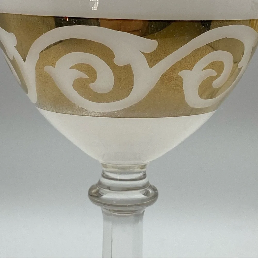 Vintage MCM Set of 2 Cocktail Glasses White & Gold Scroll Coupe Sherbet Baroque